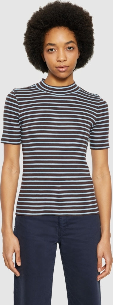 Striped rib high neck short sleeved
