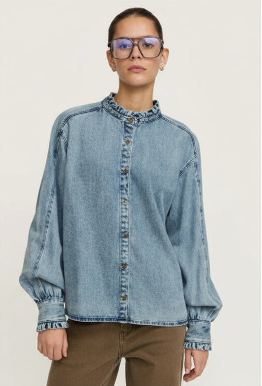 Three different outfits featuring denim clothing on a white background