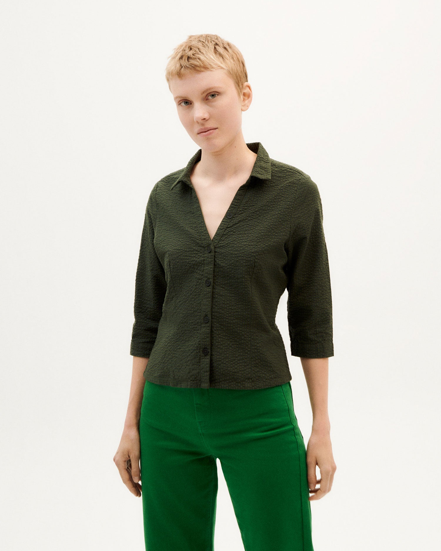Green Seersucker Tegra Blouse